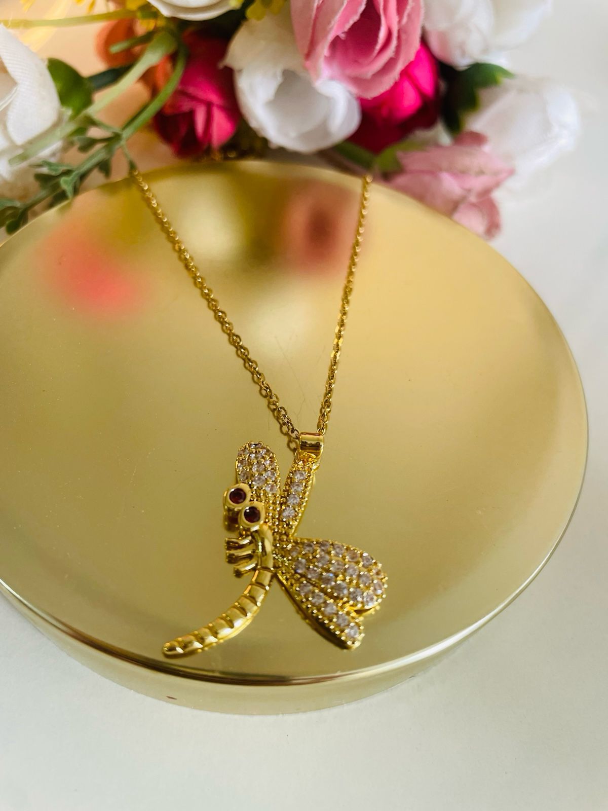 Gold Plated Dragonfly Pendant Necklace with Cubic Zirconia – Elegant Dainty Chain Necklace