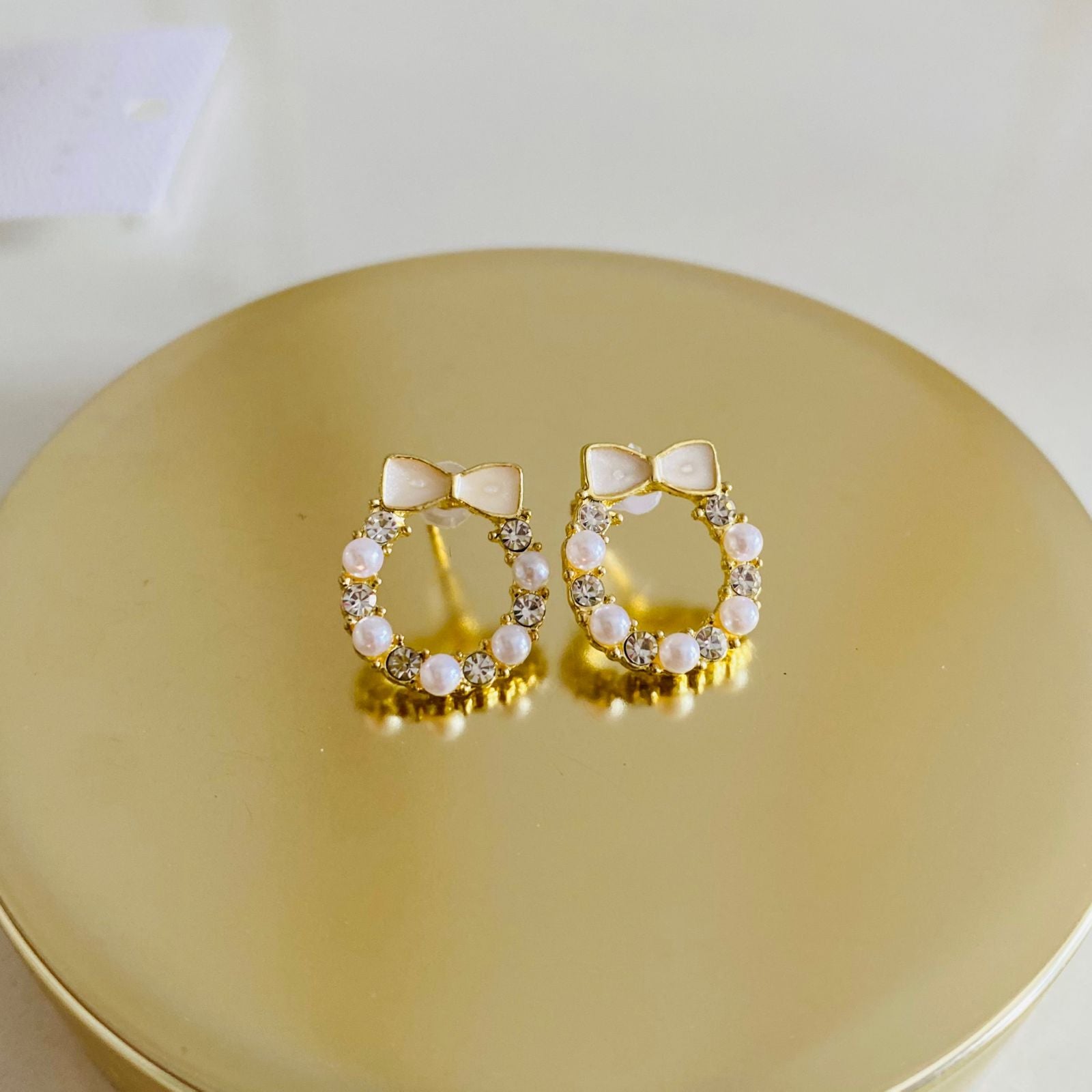 Gold Plated Bow Pearl & Crystal Wreath Stud Earrings – Dainty Circular Earrings