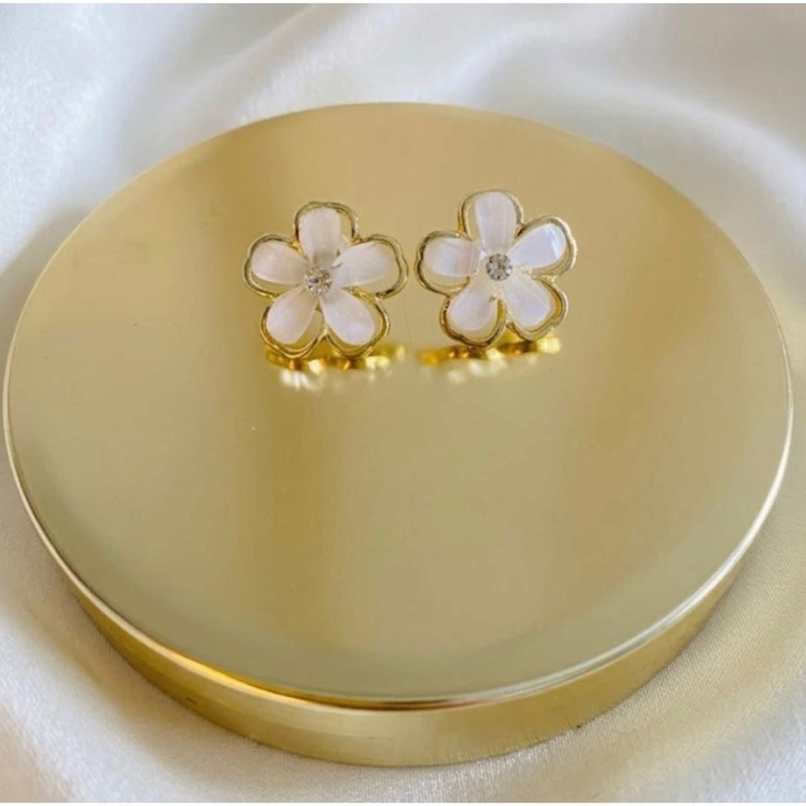 Gold Plated Flower Stud Earrings with Pearl Petals & Crystal Center – Dainty Floral Earrings