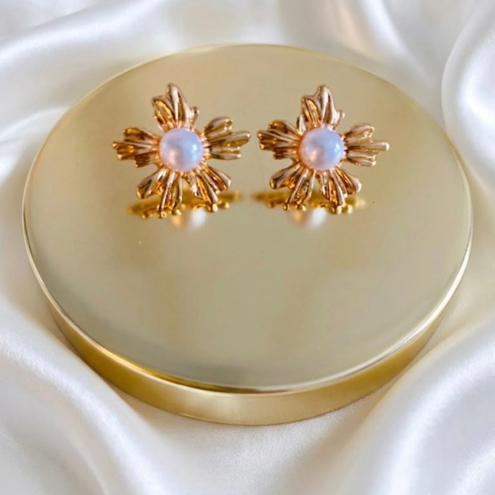 Gold Plated Sunburst Flower Stud Earrings with Faux Pearl Center – Statement Floral Studs
