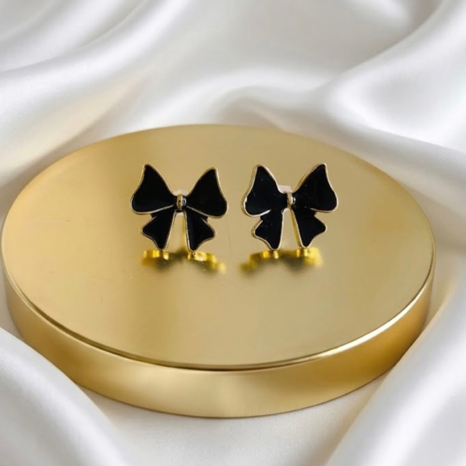 Gold Plated Black Enamel Bow Stud Earrings – Chic Ribbon Bow Earrings
