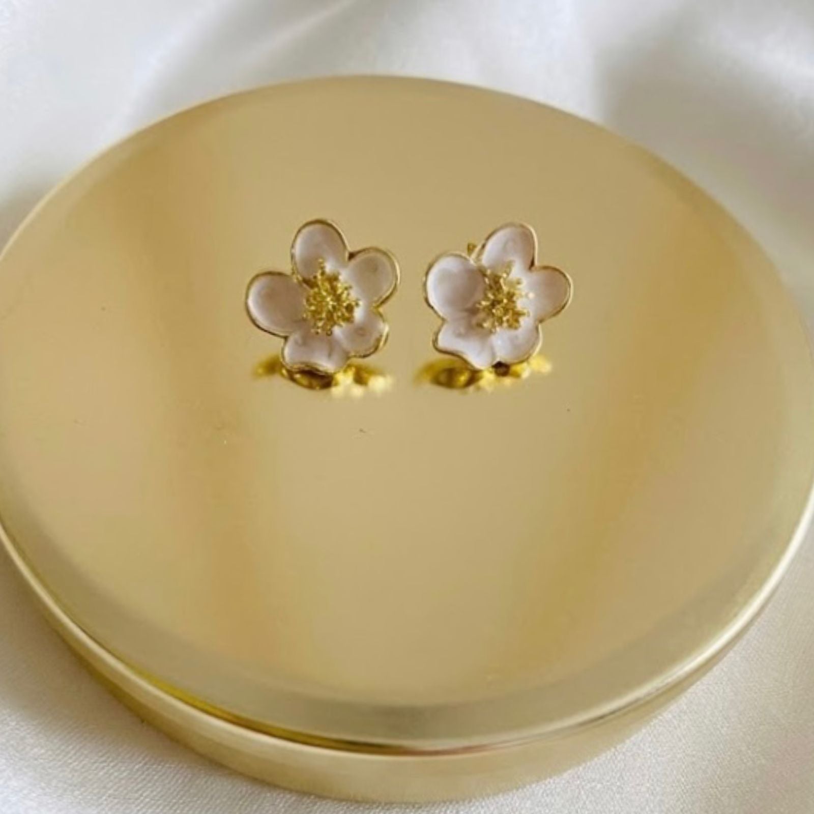 Gold Plated White Enamel Flower Stud Earrings – Dainty Cherry Blossom Studs
