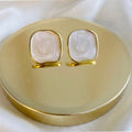 Gold Plated Irregular Rectangle Stud Earrings with Pearlized Stone – Minimalist Statement Studs