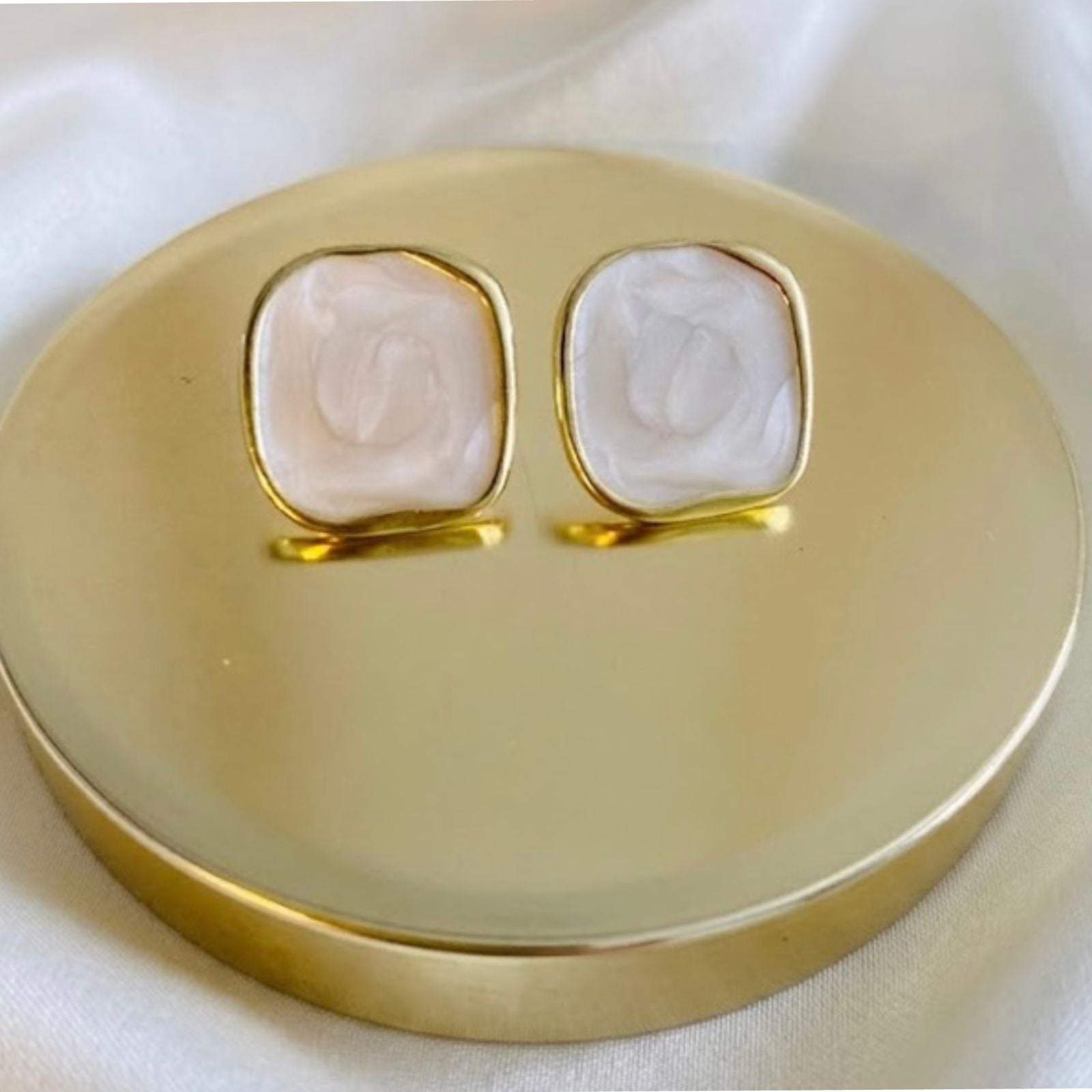 Gold Plated Irregular Rectangle Stud Earrings with Pearlized Stone – Minimalist Statement Studs