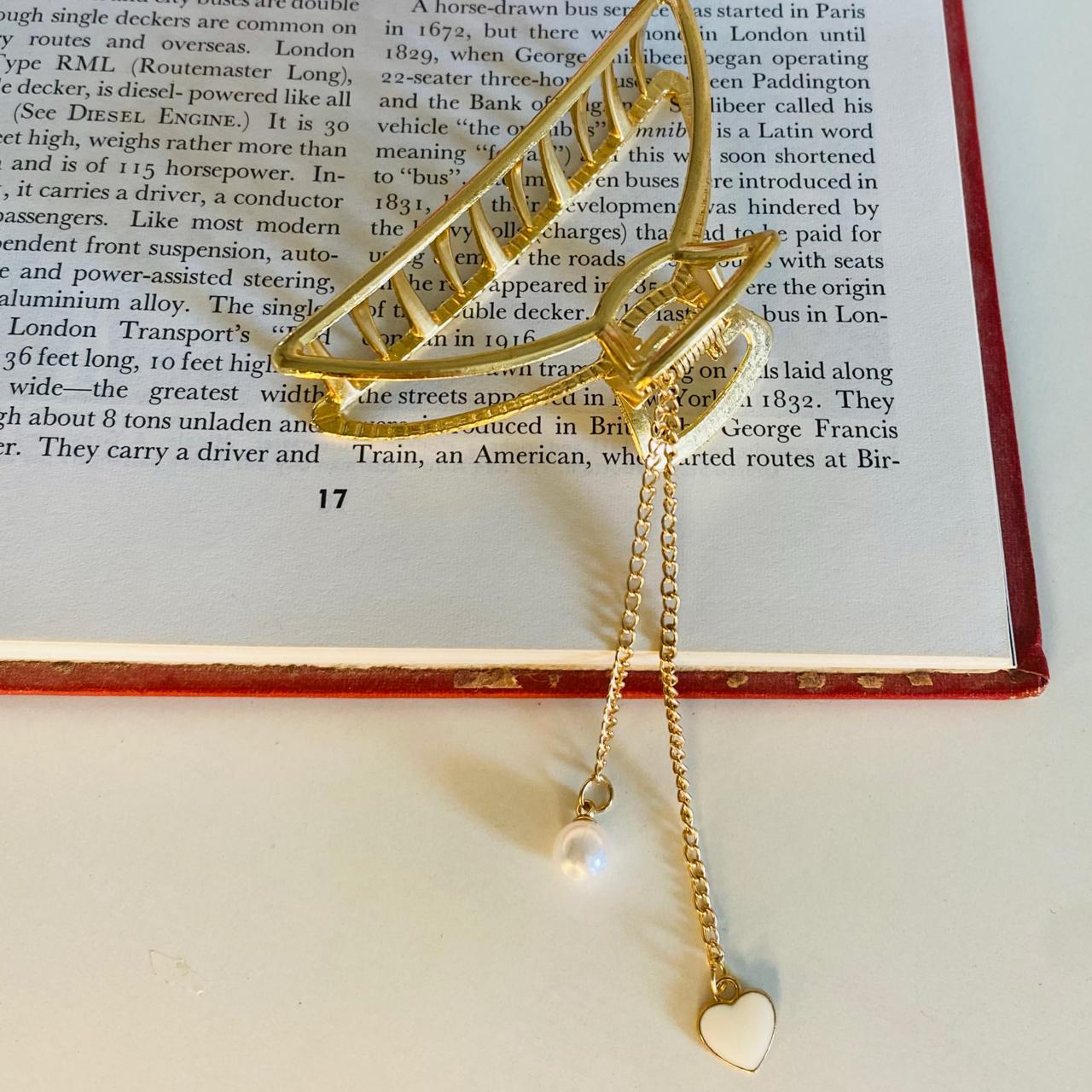 Luxury Gold Leaf Hair Claw Clip with Pearl & Heart Tassel