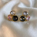 Gold Plated Triple Crystal Cluster Stud Earrings – Pink, Clear & Smoky Quartz Earrings