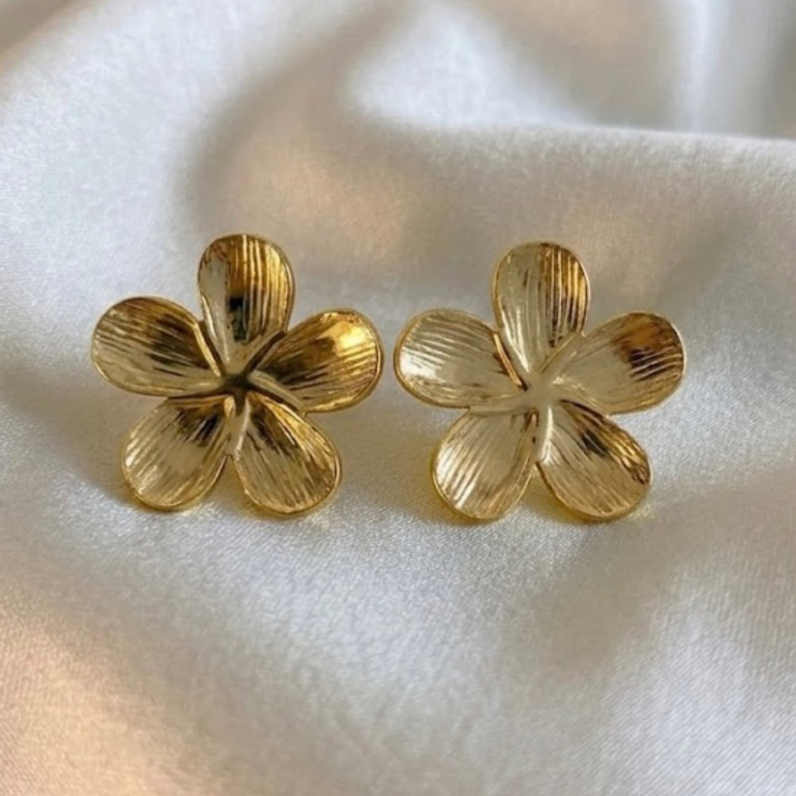Gold Plated Textured Stainless Steel Flower Stud Earrings – Minimalist Floral Statement Studs