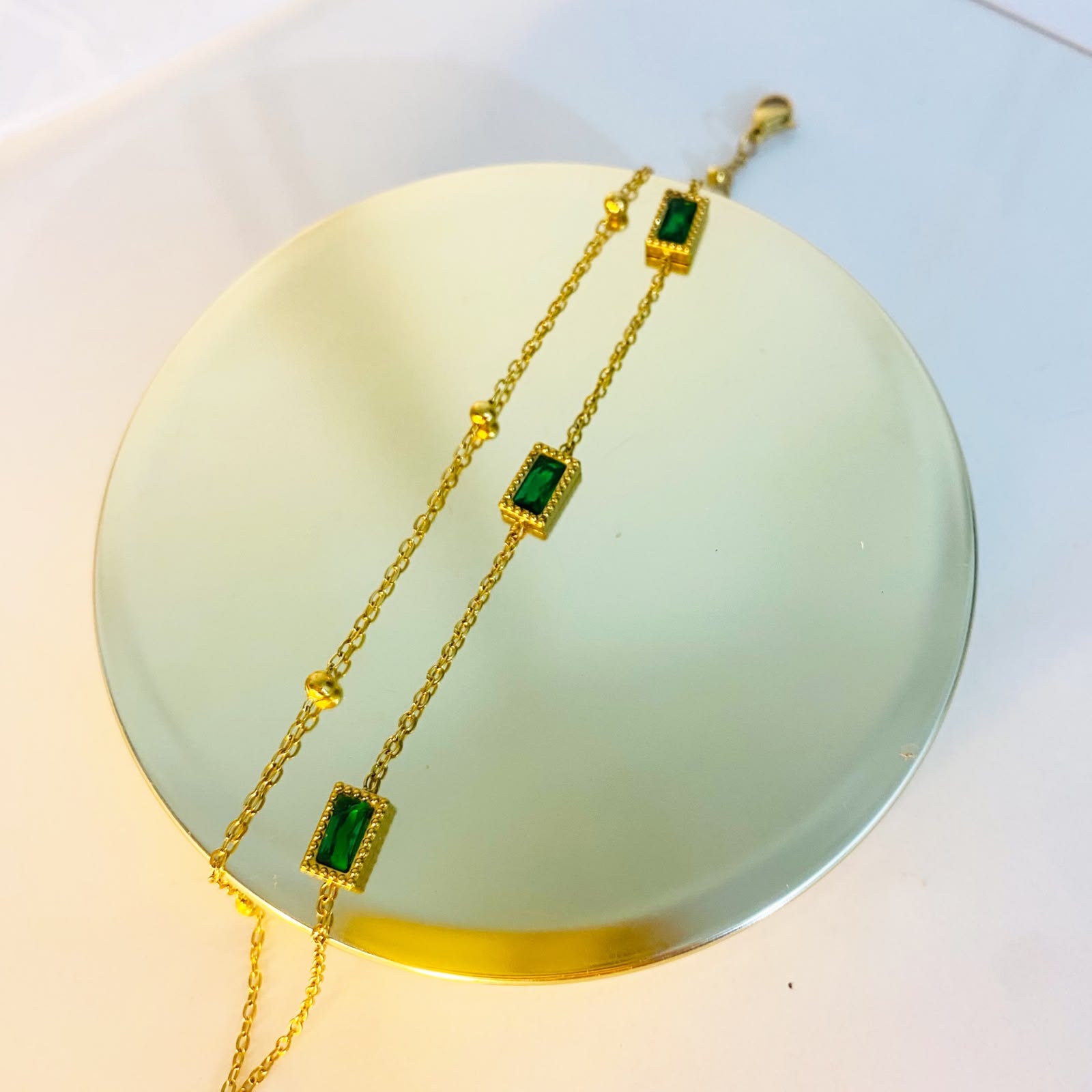 Emerald Green Rectangle Crystal Gold-Plated Bracelet
