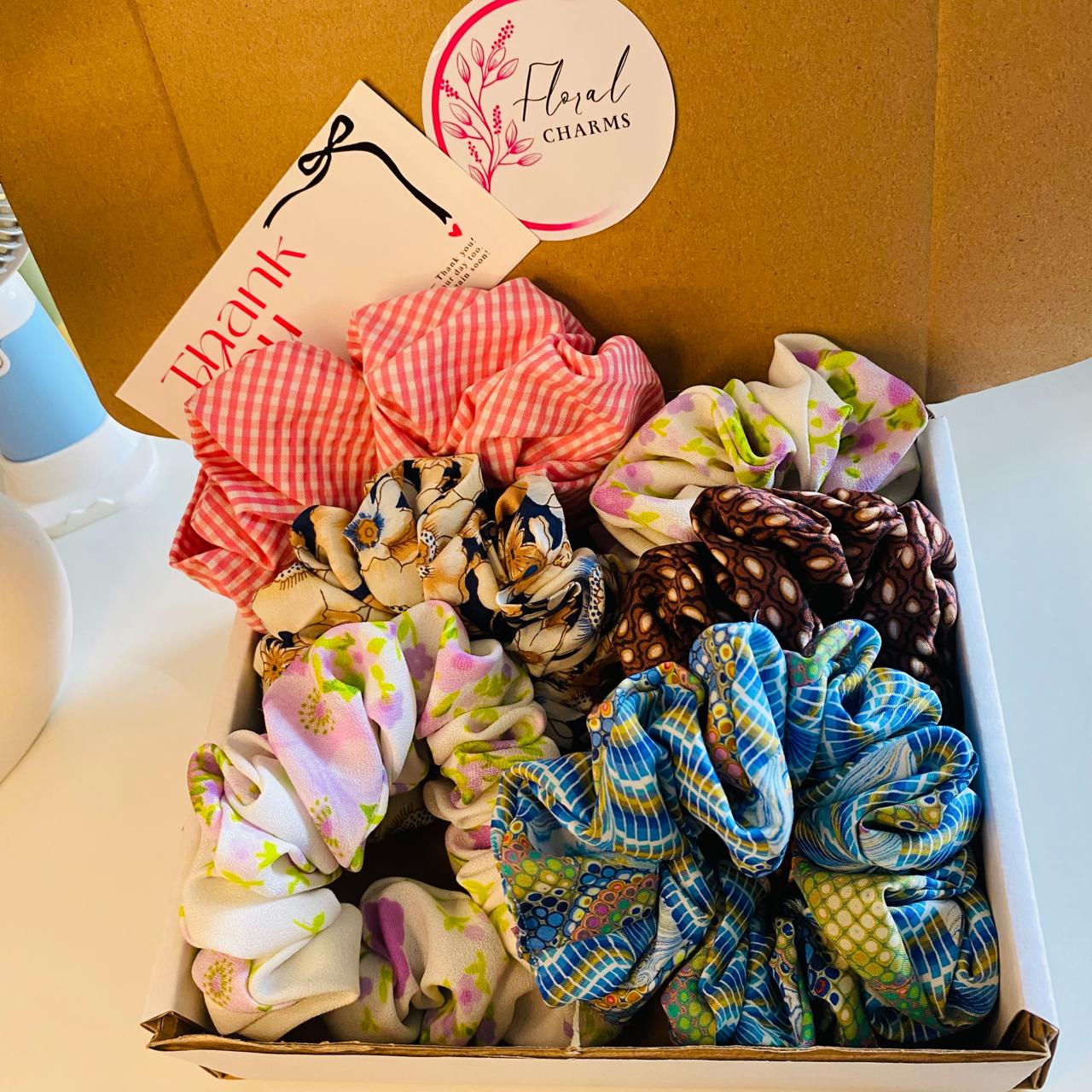Premium Floral Printed Soft Fabric Scrunchies Set (Pack of 6)